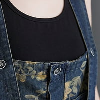 Женски флорален щампа регулируеми каишки джобове Деним биб гащеризон дънки панталони тъмно синьо L