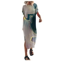 Женска летна тениска рокля Raglan Sleeve Crewneck Печат на разхлабени процепи странични рокли на дълъг плаж, сиво, xl