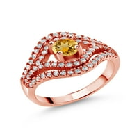 Gem Stone King 1. Ct кръг жълт цитрин 18k розово злато с покритие сребърен пръстен