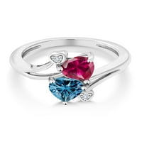 Gem Stone King Sterling Silver Double Heart Ring за жени Създаден Ruby и Persian Blue Moissanite