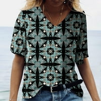 Модни жени ежедневни върхове Печат с v-образен кръг от тениски с къс ръкав блуза xxxxl