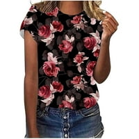 Летни върхове за жени, дамски ризи Сладки плюс размер о-не-деколте от розово цвете отпечатана тениска с къс ръкав небрежни разхлабени блузи върхове
