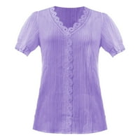iopqo ризи за жени жени лятна дантела v шия обикновена елегантна риза Модна солидна цветна къса блуза излизане на върхове за жени лилаво xxl