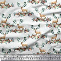 Soimoi White Rayon Fabric Deer & Floral Fabric отпечатъци от двор