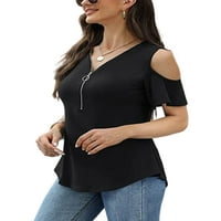 Haite жени тениска v Врат тениска с къс ръкав летни върхове Празник на плаж плаж студена рамо туника блуза черно xxs